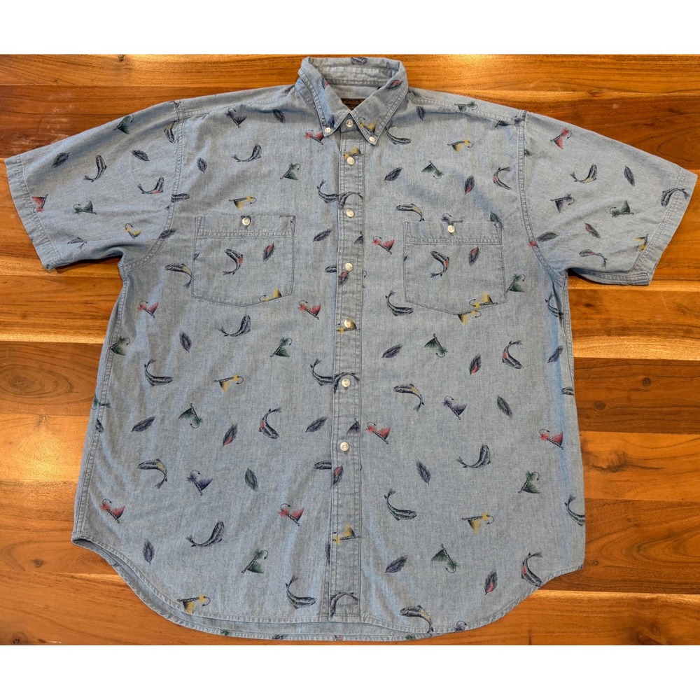 Eddie Bauer Mens XL Blue Denim Fishing Lure Trout Print Short Sleeve Shirt 34365